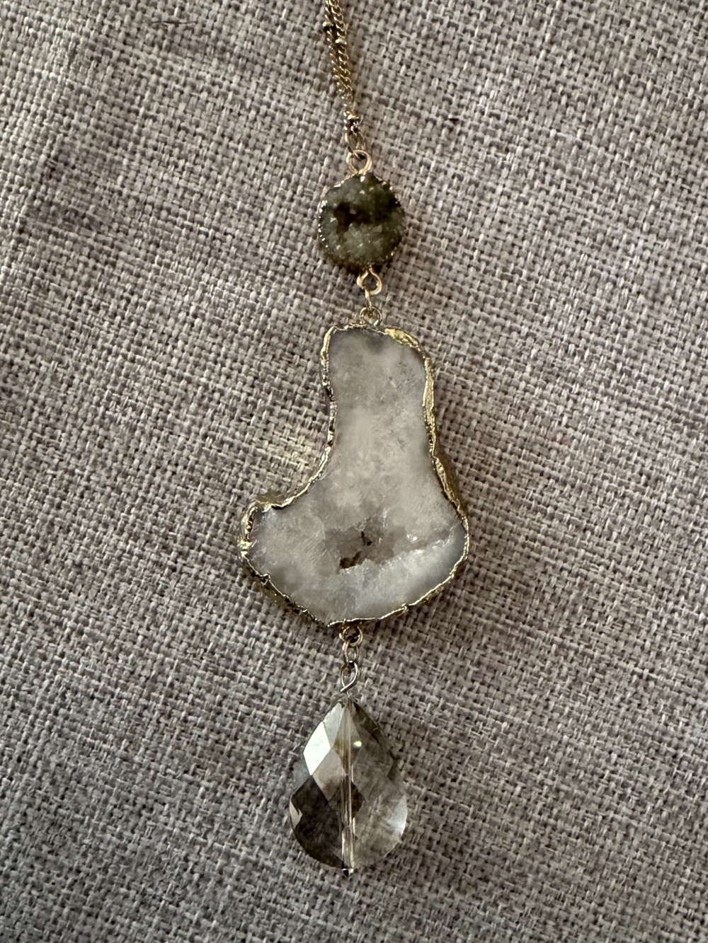 Natural Druzy Quartz Pendant | Long Gold Tone Necklace | Boho Statement Crystal